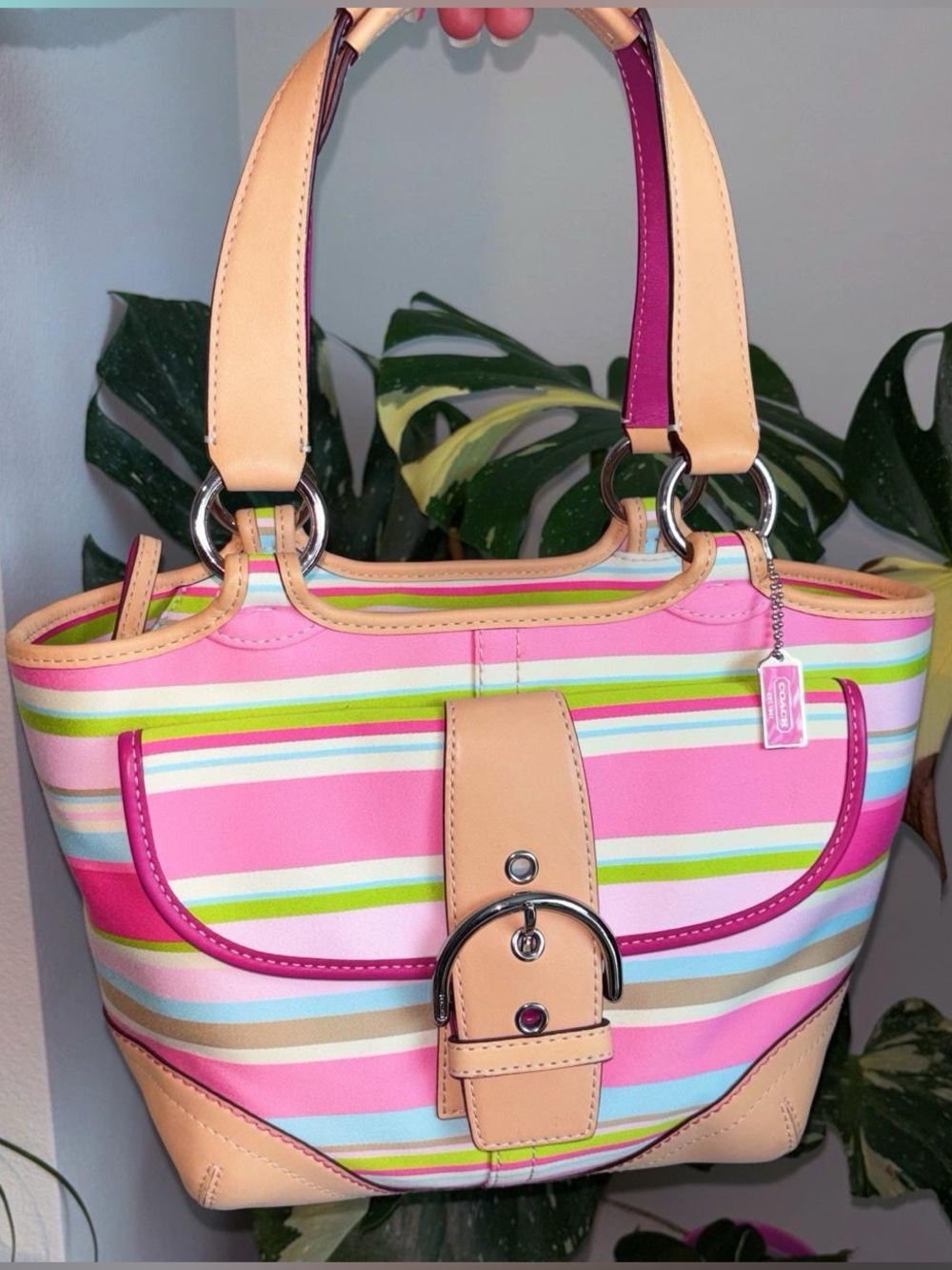 Vintage 2004 Coach Hamptons Stripe Tote Bag Pink Y2K Style 1889